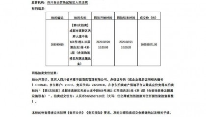 成都希顿国际酒店第八次拍卖落槌，以5亿元成交