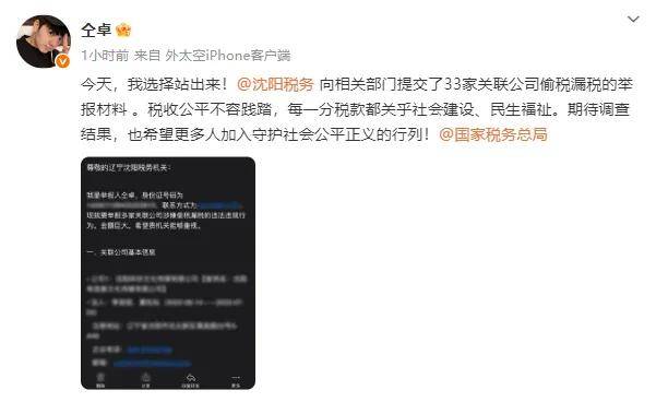 仝卓实名举报33家关联公司偷税漏税