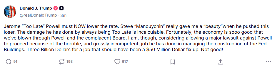 特朗普：正在考虑允许对美联储主席鲍威尔提起重大诉讼