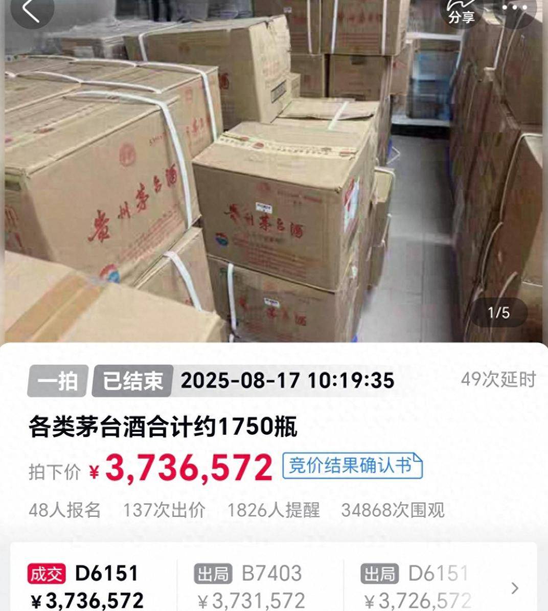 1750瓶茅台373万余元被法拍，一原所有人已被执行死刑