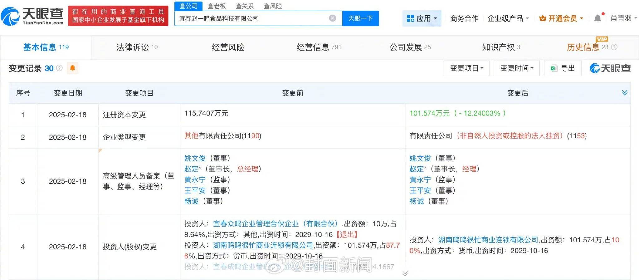赵一鸣零食门店用糖找零引关注，公司注册资本减至101.6万