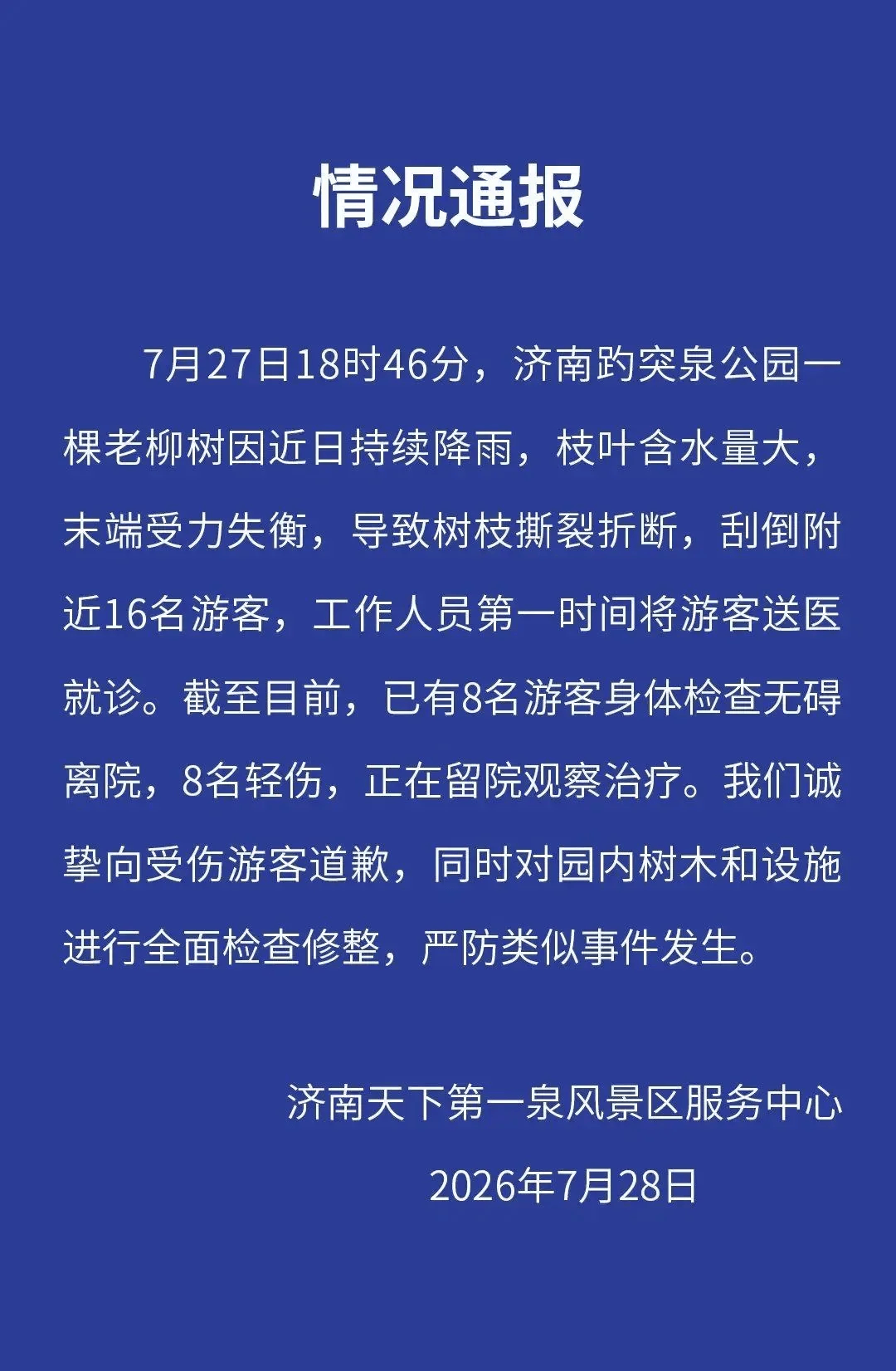 大树折断刮倒16名游客，济南趵突泉景区致歉